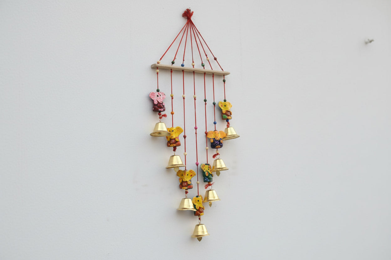 Wooden ganesha Wall Hanging with Metal Bells – Handcrafted Home Décor & Gift for Harmony, Elegance & Tradition