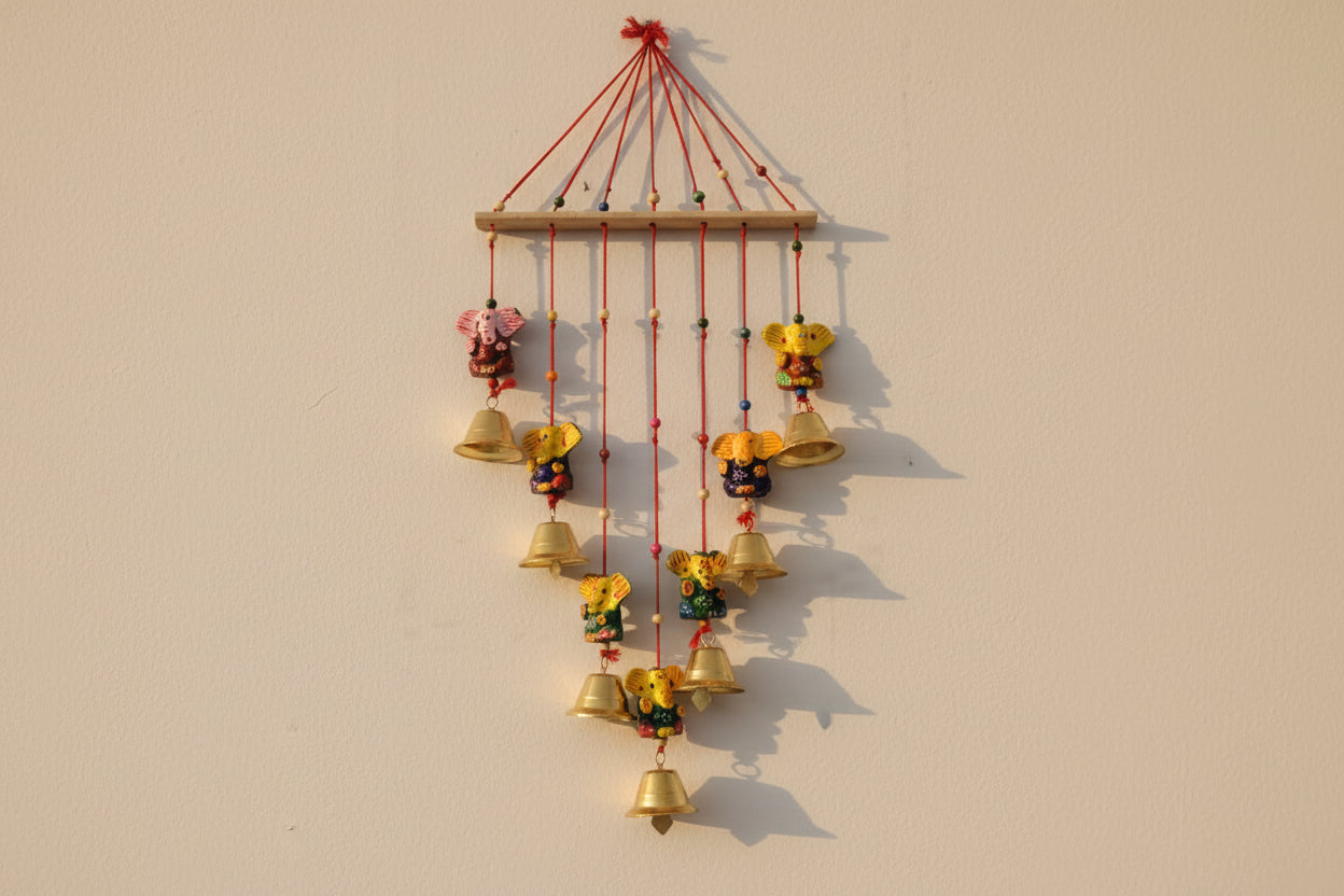 Wooden ganesha Wall Hanging with Metal Bells – Handcrafted Home Décor & Gift for Harmony, Elegance & Tradition