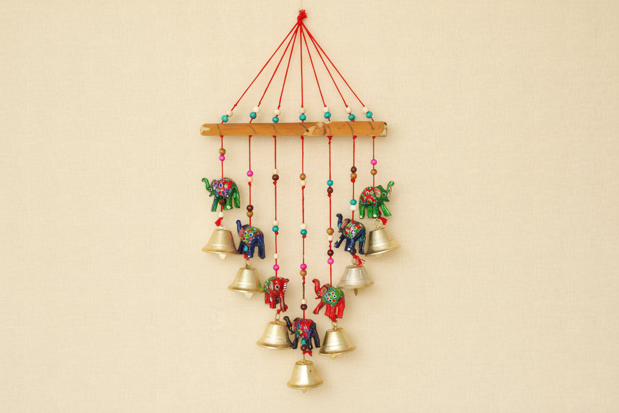 Wooden elephant Wall Hanging with Metal Bells – Handcrafted Home Décor & Gift for Harmony, Elegance & Tradition