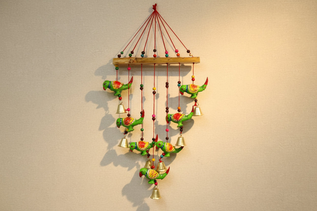 Wooden parrot Wall Hanging with Metal Bells  – Handcrafted Home Décor & Gift for Harmony, Elegance & Tradition