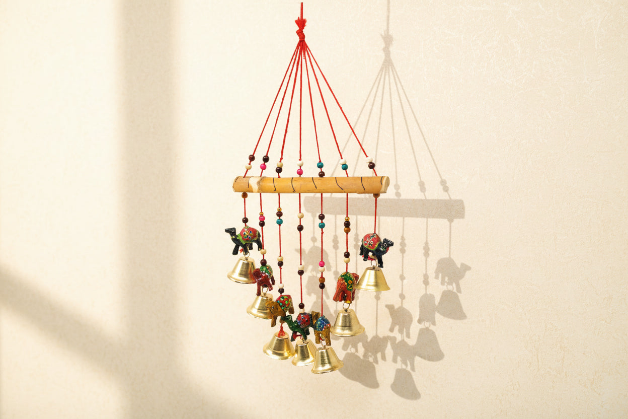 Wooden camel  Wall Hanging with Metal Bells – Handcrafted Home Décor & Gift for Harmony, Elegance & Tradition