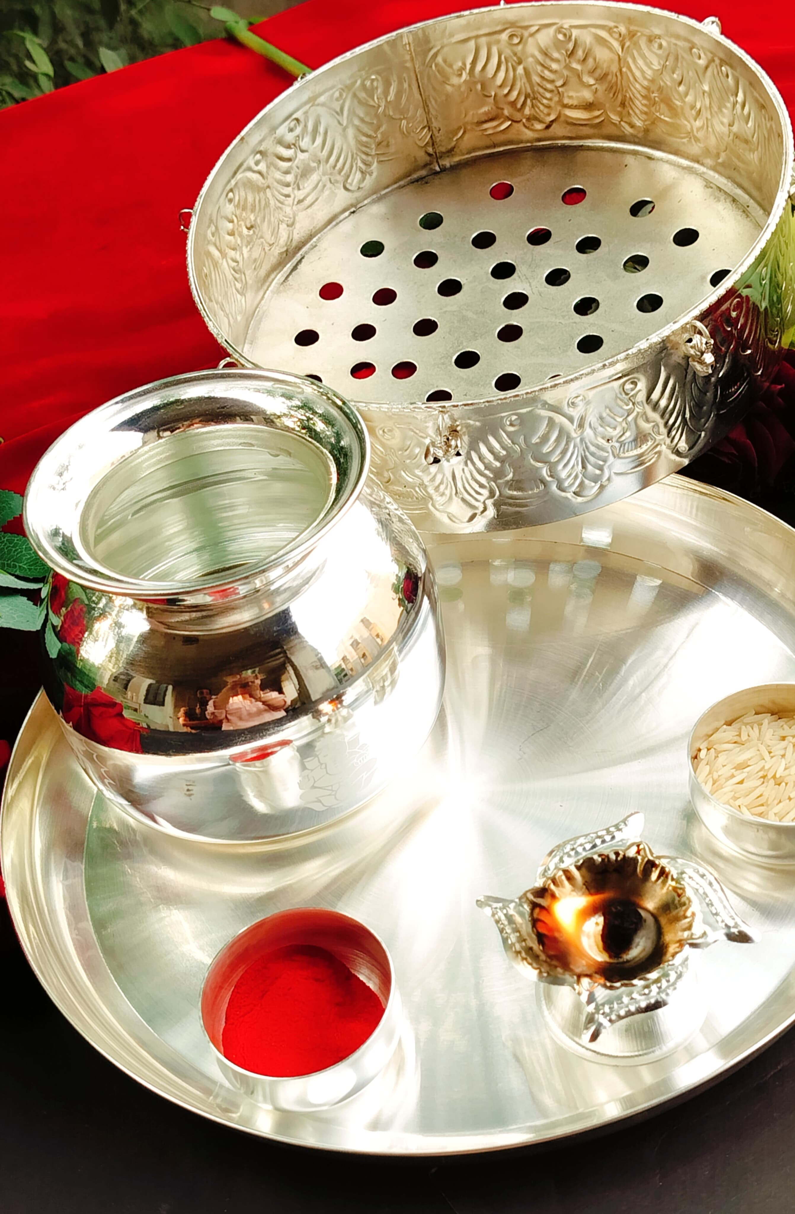 german silver karwachauth pooja thali set of 6 pieces