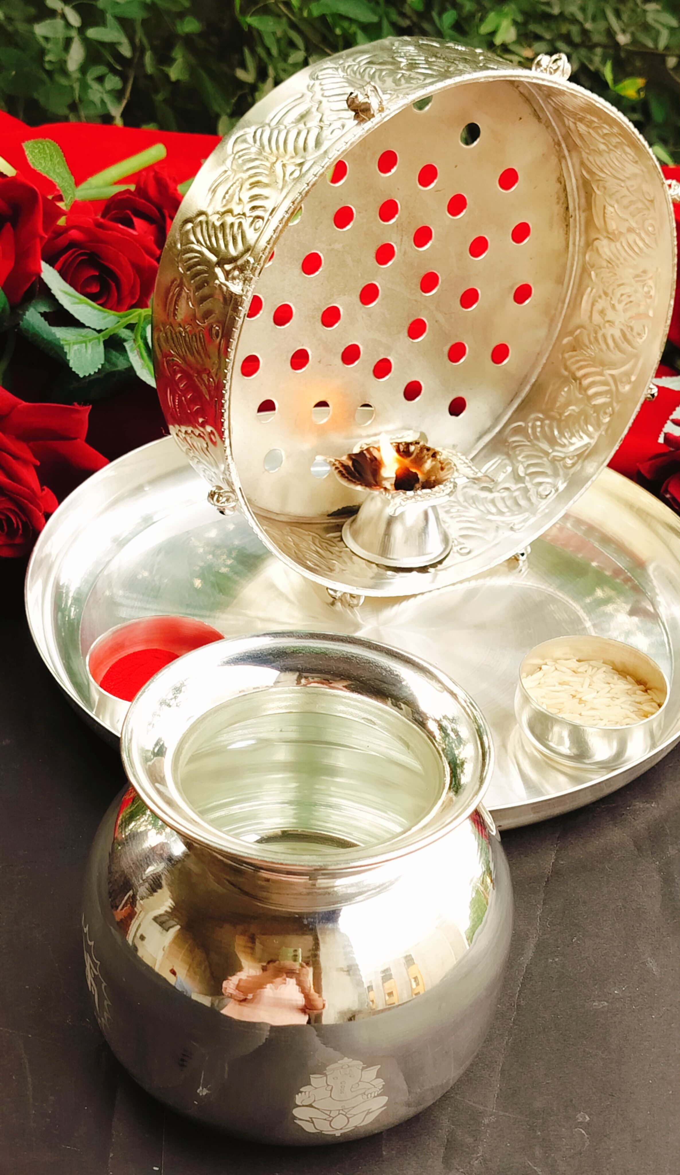 german silver karwachauth pooja thali set of 6 pieces