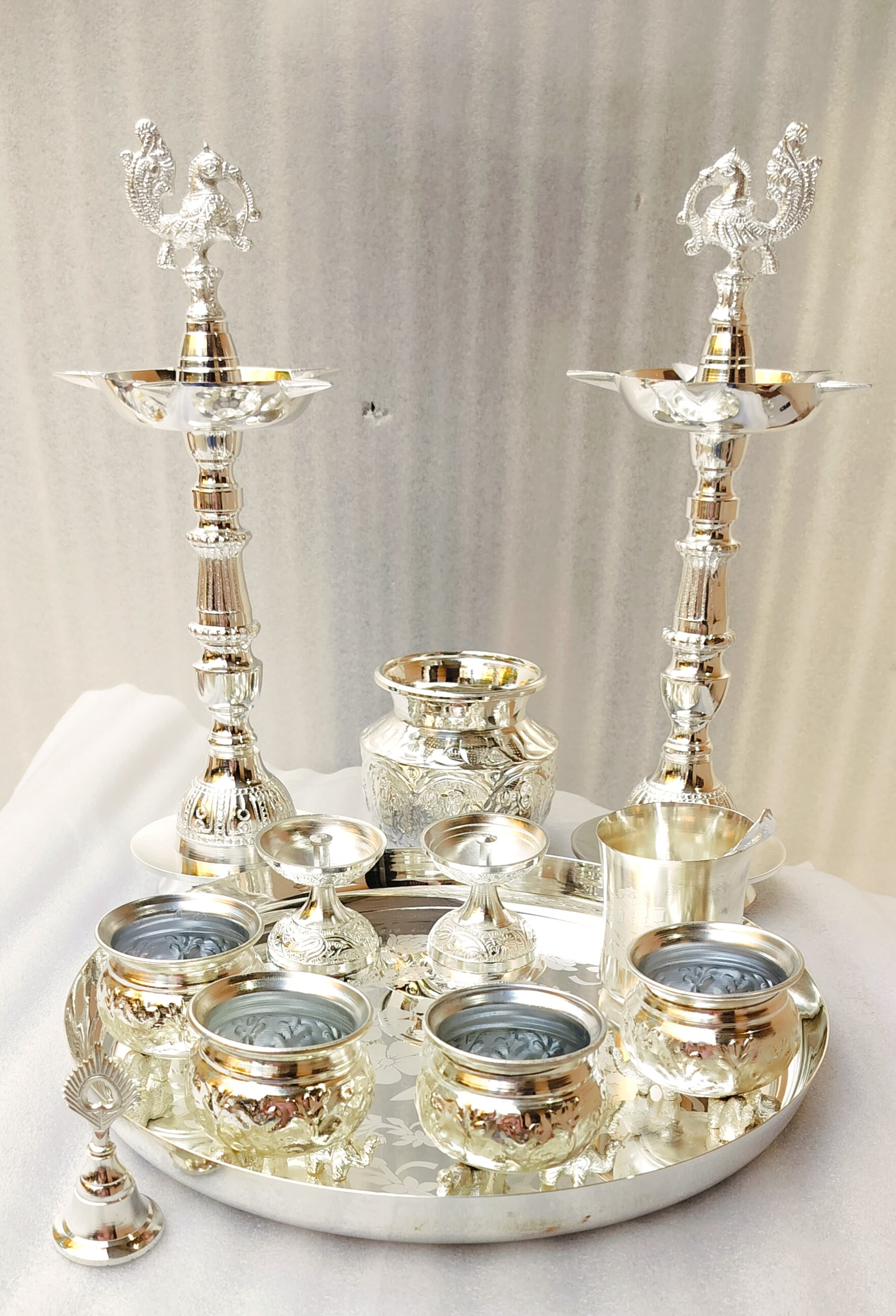 German silver pooja set with long peacock diya 12 pieces set for housewarming/ diwali