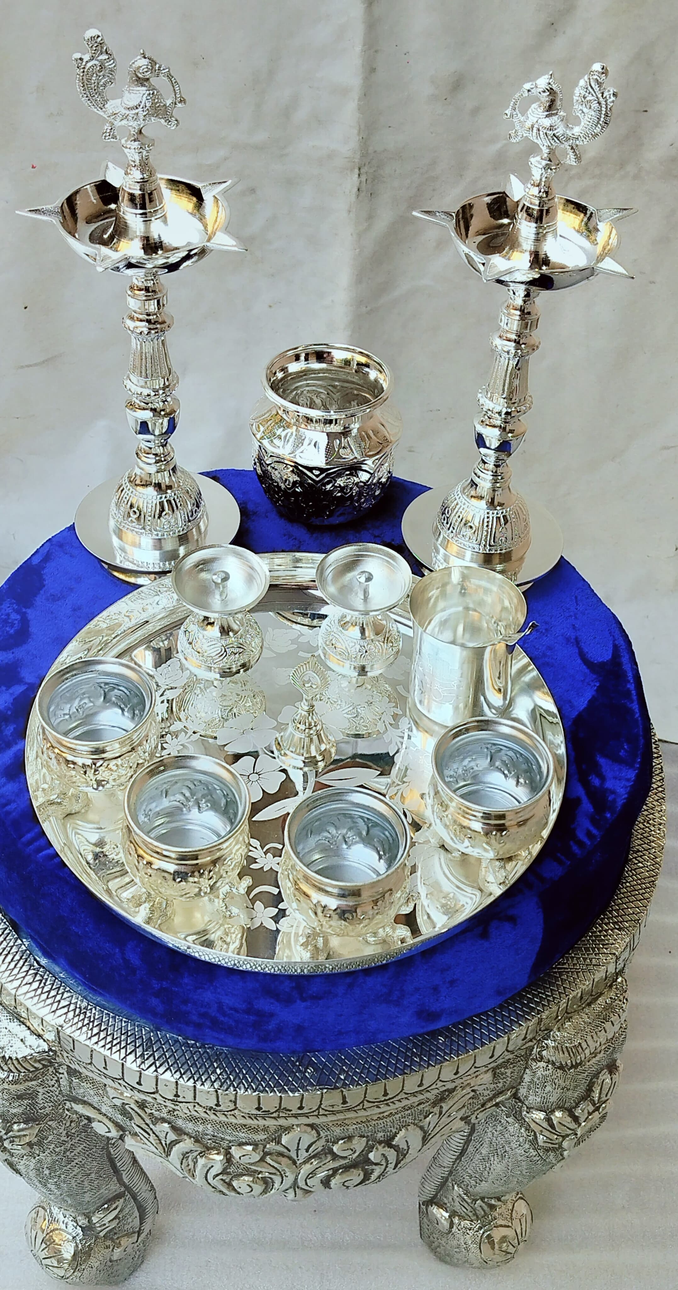 German silver pooja set with long peacock diya 12 pieces set for housewarming/ diwali