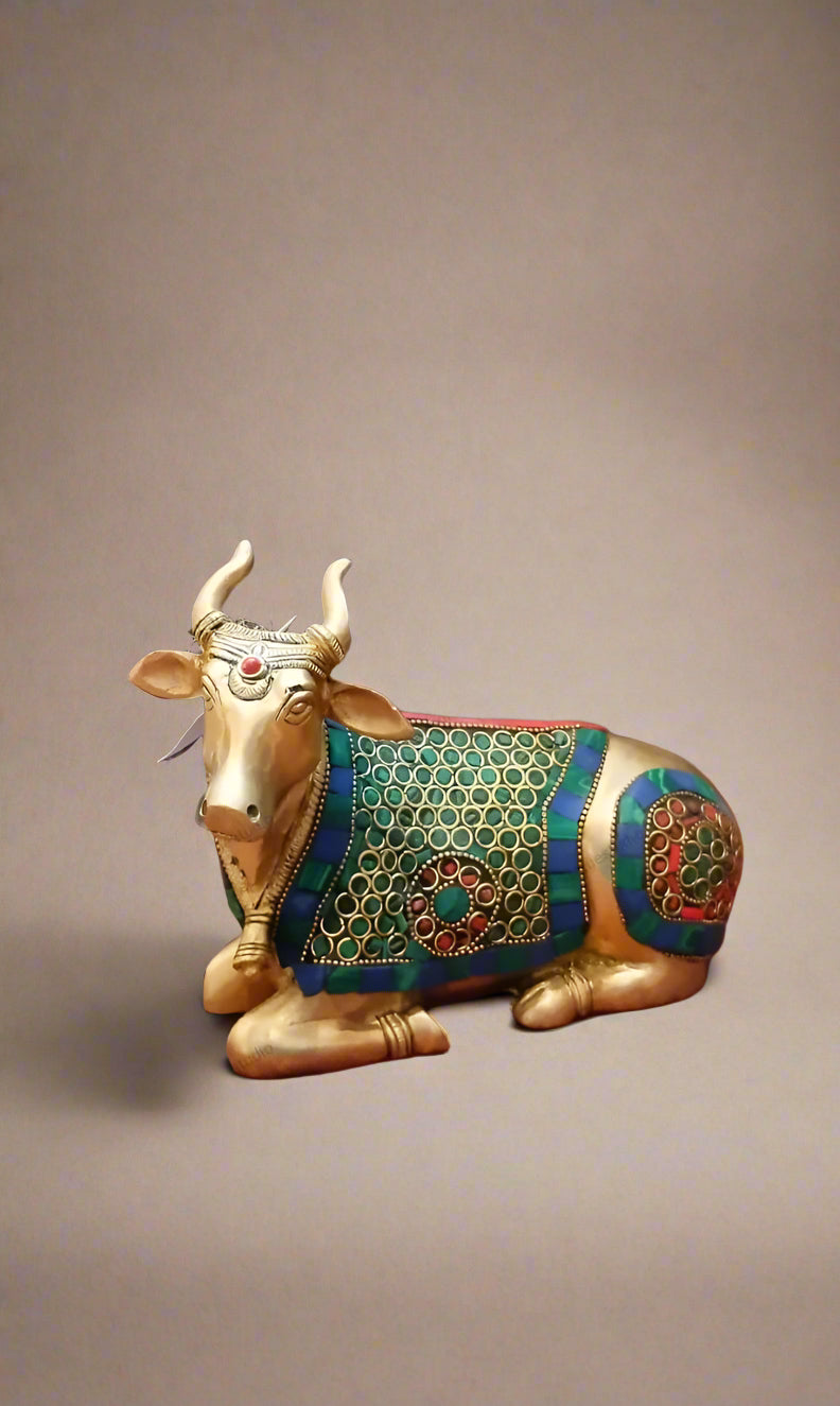 brass with multicolor stone finish cow for home temple/ office/ gift item