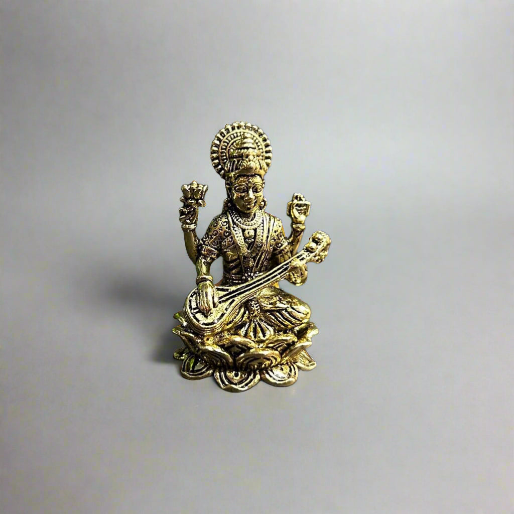 Brass small Saraswati Idol – Divine Symbol of Wisdom, Music & Learning for gift/ home/office