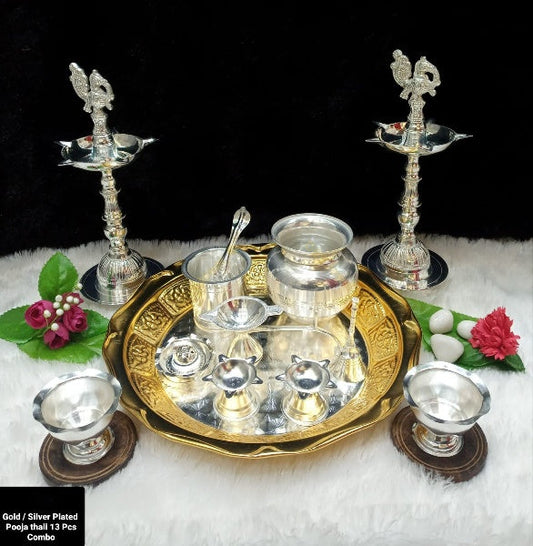 Gold color & Silver Plated 2 Tone (11 Pcs Pooja Thali Combo)