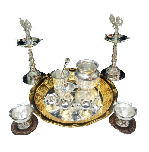 Gold color & Silver Plated 2 Tone (11 Pcs Pooja Thali Combo)