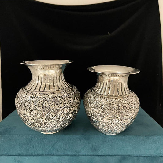 Silver plated set of 2 fully carved kalash