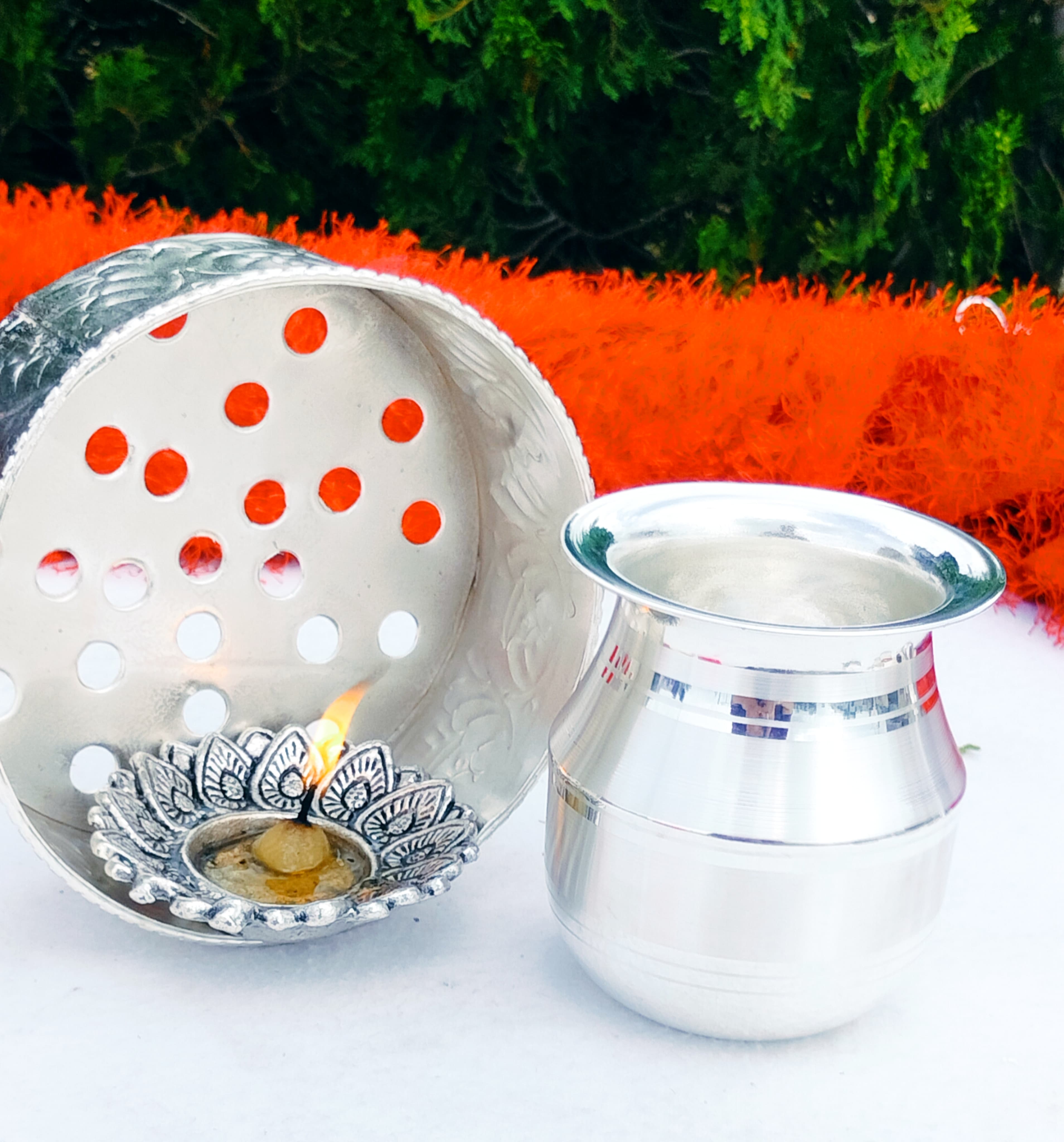 German Silver Pooja Antique Finish karwachauth Pooja thali Set of 3 Pieces