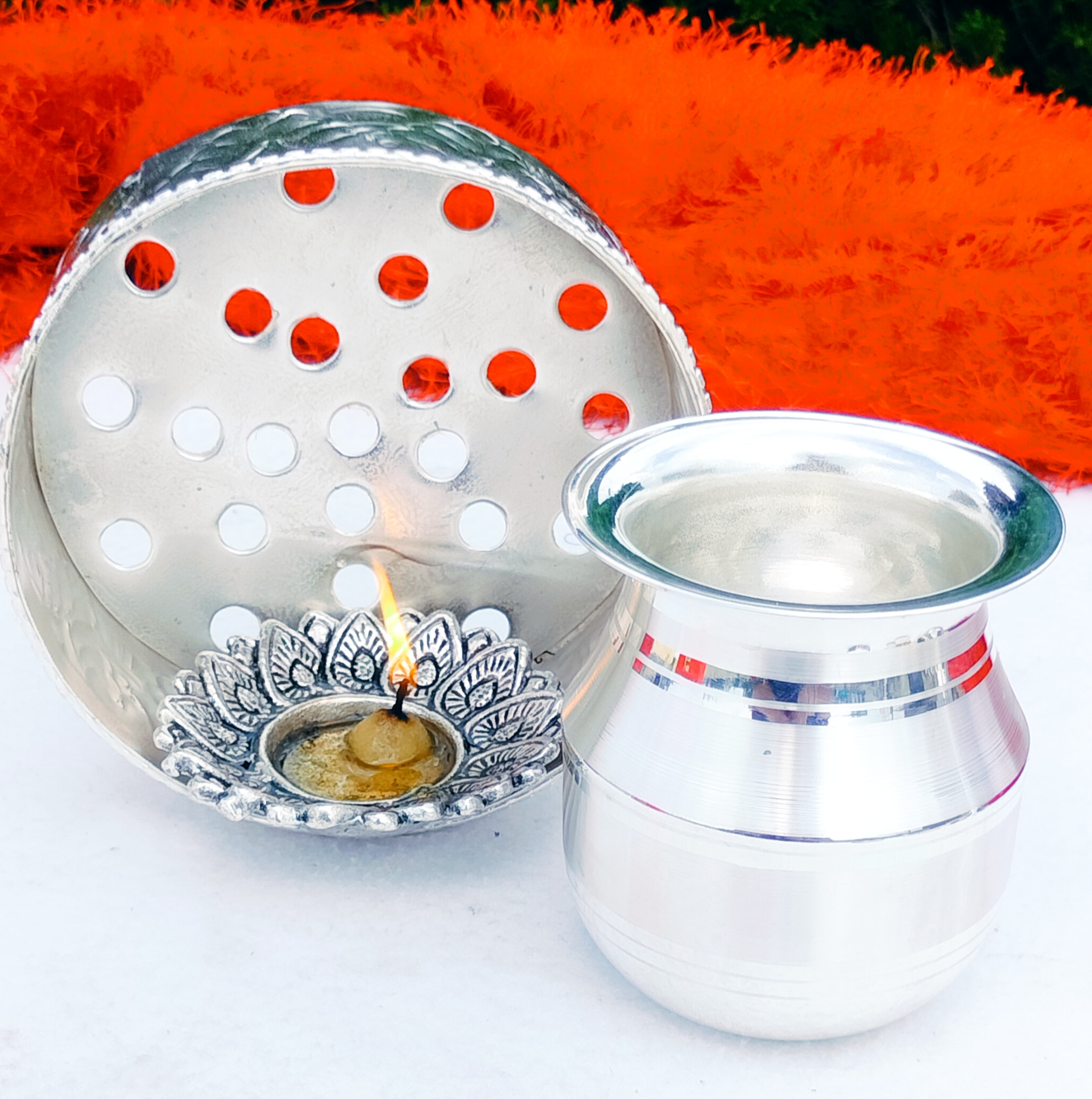 German Silver Pooja Antique Finish karwachauth Pooja thali Set of 3 Pieces