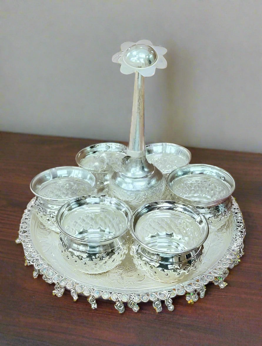German Silver Pooja thali Combo Set with ghungru House Warming Pooja Set