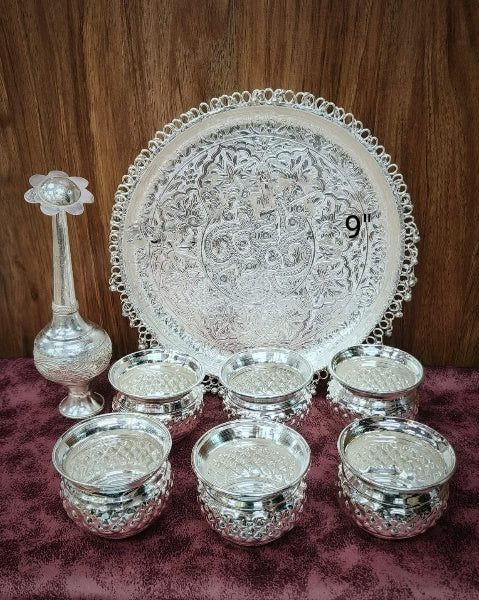 German Silver Pooja thali Combo Set with ghungru House Warming Pooja Set