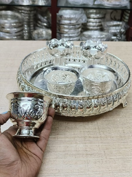 German Silver Pooja thali Combo Set of 6 Pieces for House Warming/Festival/Diwali