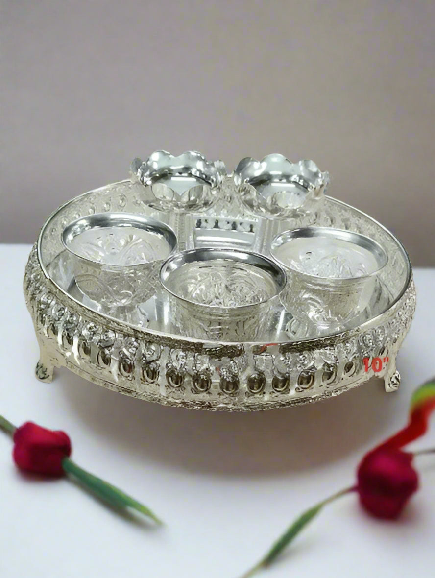 German Silver Pooja thali Combo Set of 6 Pieces for House Warming/Festival/Diwali
