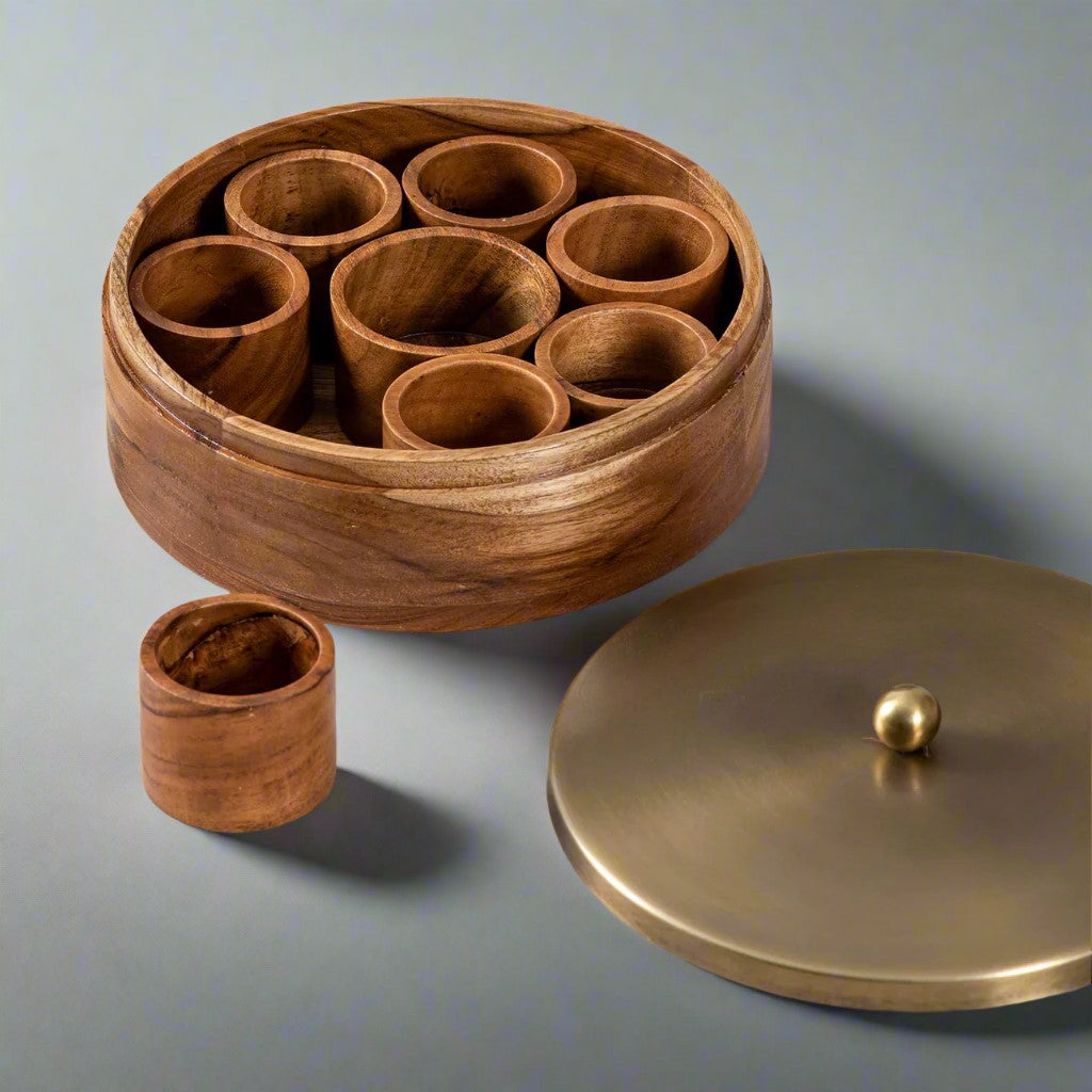 wooden spice box with wooden 8 bowls for spices for kitchen/gift item, gold color