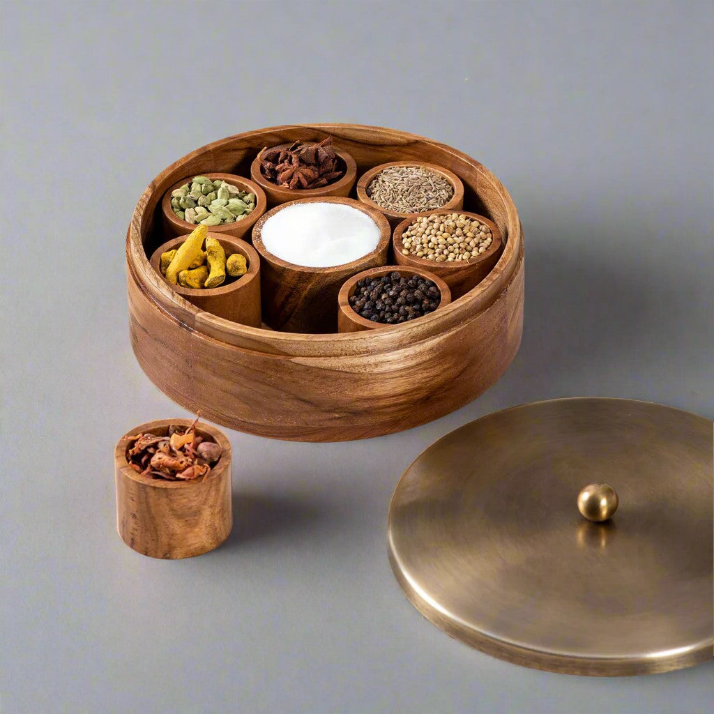 wooden spice box with wooden 8 bowls for spices for kitchen/gift item, gold color