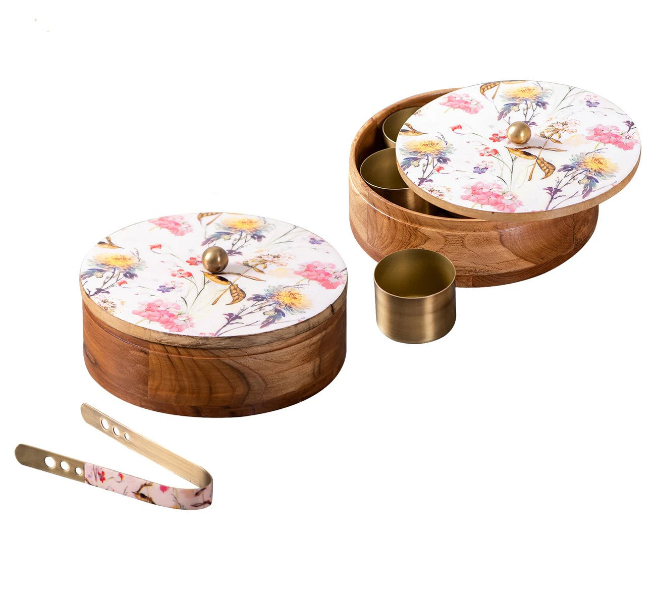 set of 2 epoxy pink color wooden casserole with matching spice box for kitchen/gift item