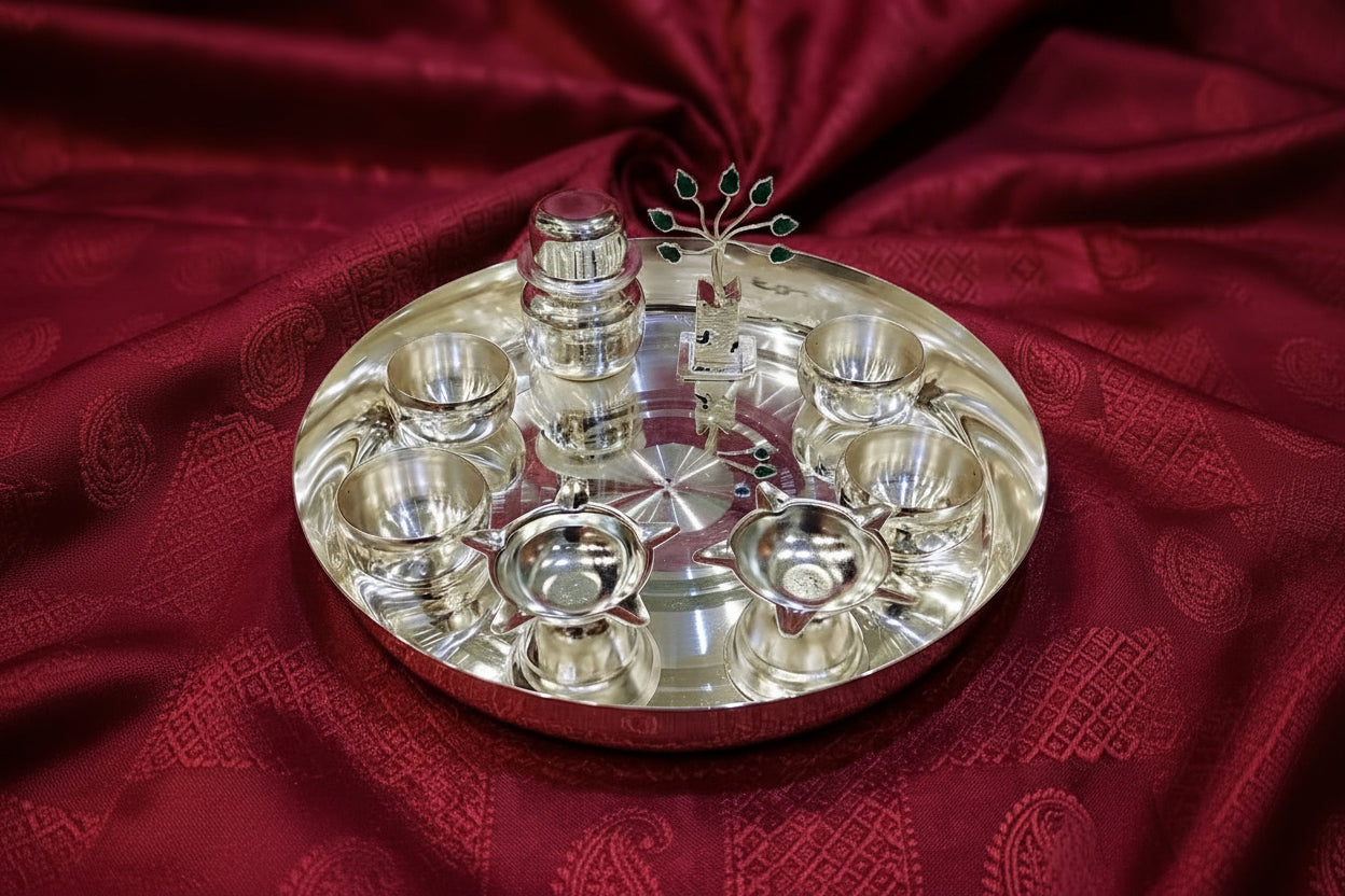 Silver Plated Pooja Thali Set – 10 Piece Traditional Hindu Prayer Kit for Festivals, Rituals & Gifting