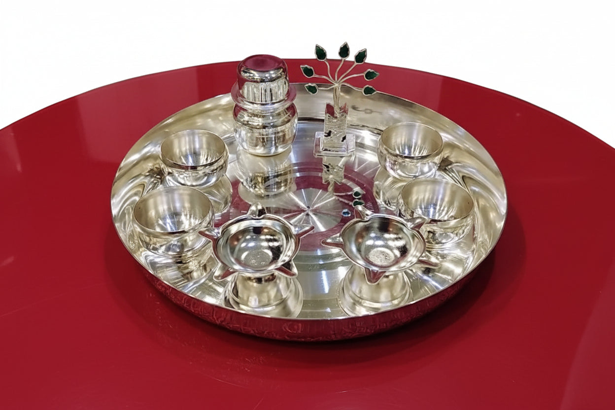 Silver Plated Pooja Thali Set – 10 Piece Traditional Hindu Prayer Kit for Festivals, Rituals & Gifting
