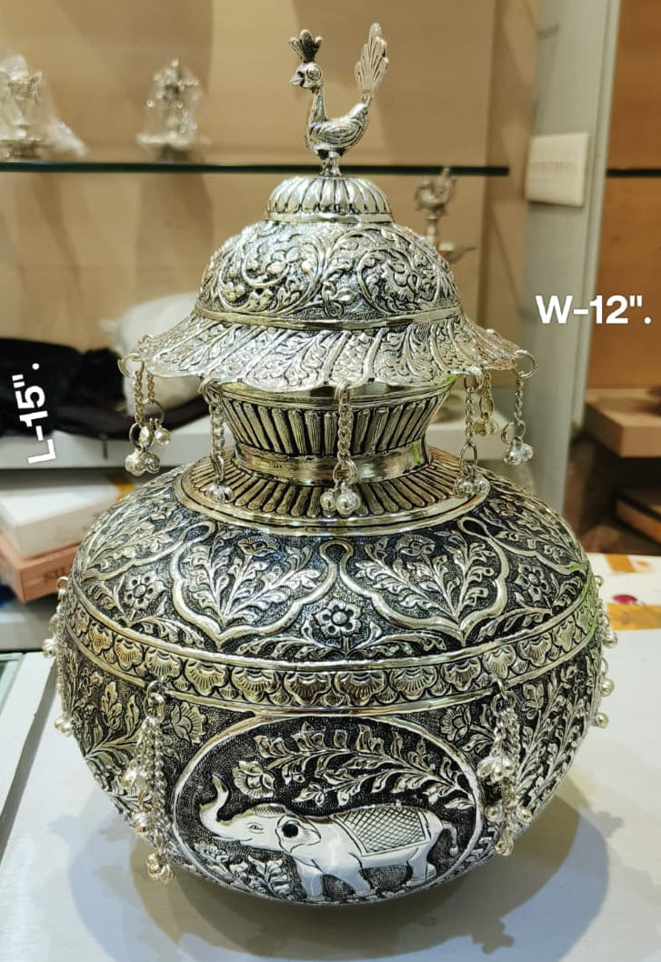 Silver-Plated Elephant Carving Kalash with lid – Antique Finish, Large Size