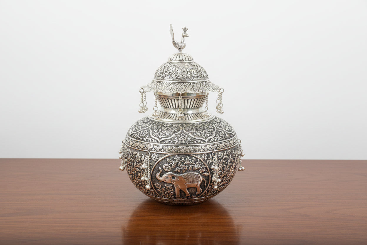 Silver-Plated Elephant Carving Kalash with lid – Antique Finish, Large Size