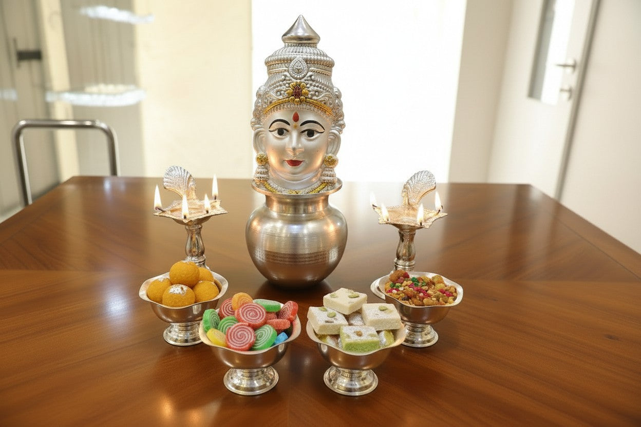 Silver-Plated Varalakshmi Pooja Set – 8-Piece Antique Finish Collection