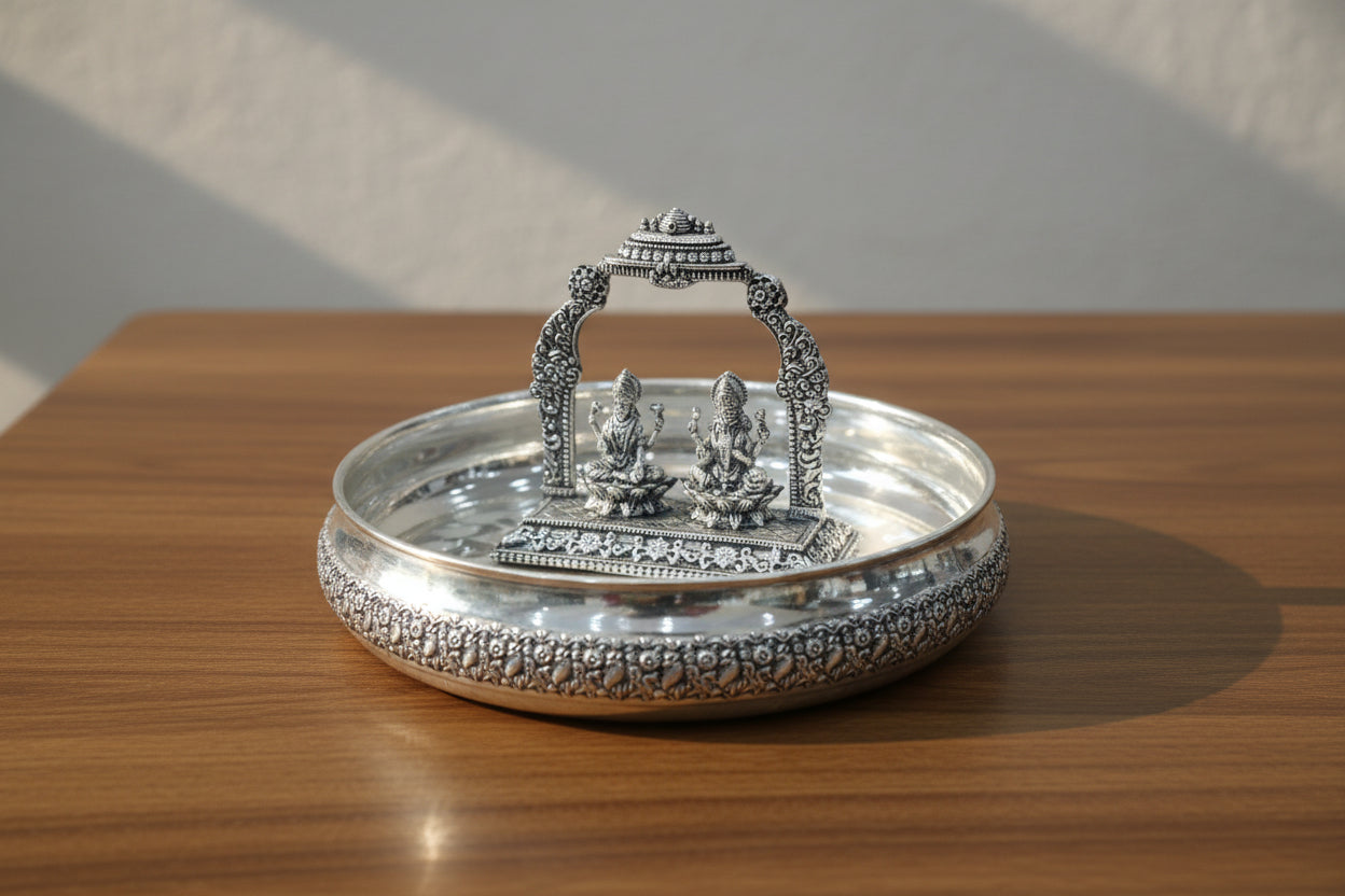 German Silver Tray Urli with Lakshmi Ganesh Temple – Antique Finish