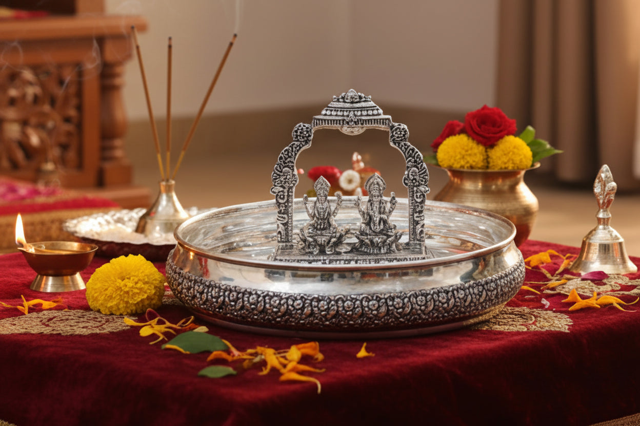 German Silver Tray Urli with Lakshmi Ganesh Temple – Antique Finish