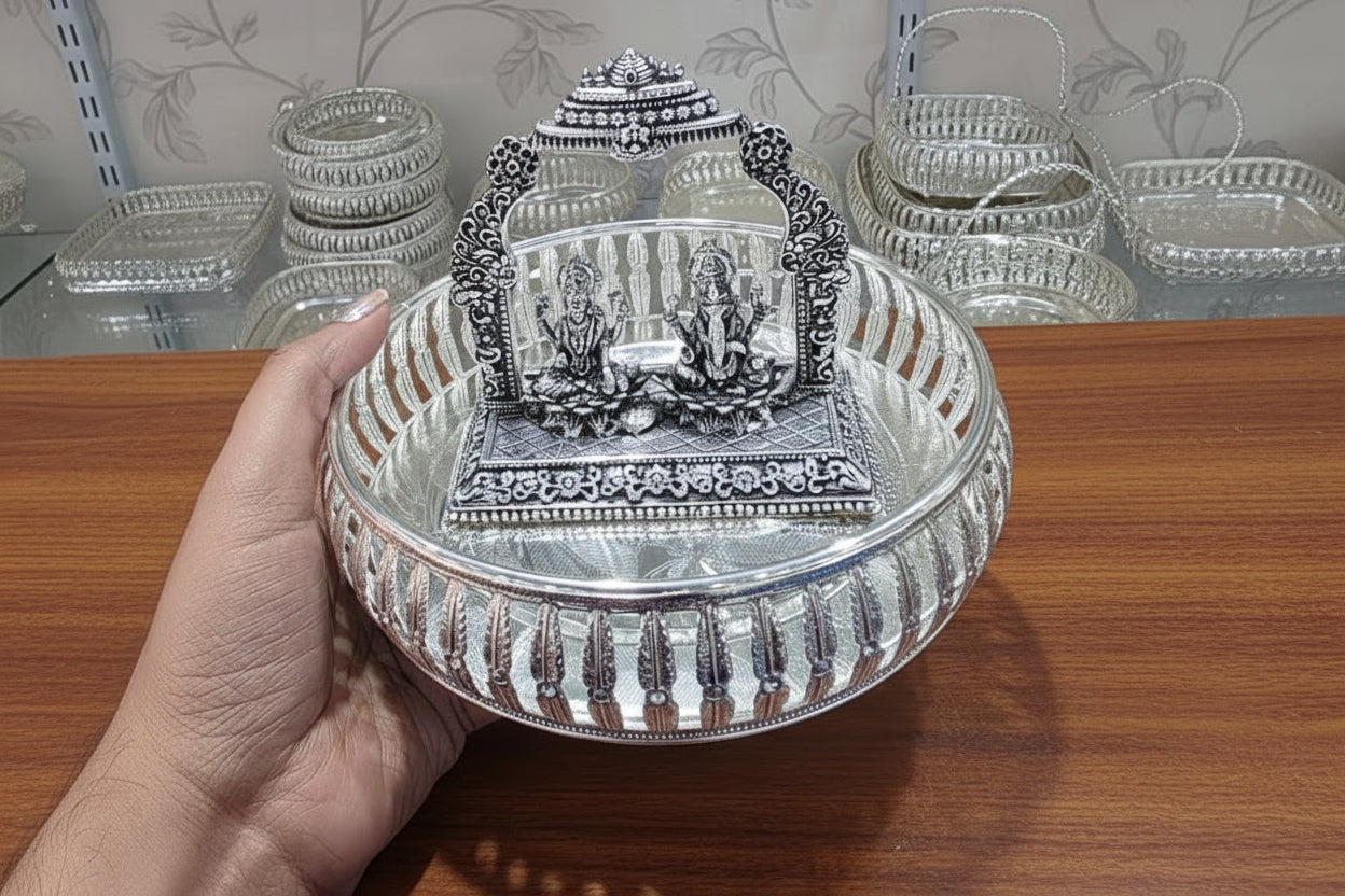 German Silver Tray with Lakshmi Ganesh Temple – Antique Finish temple