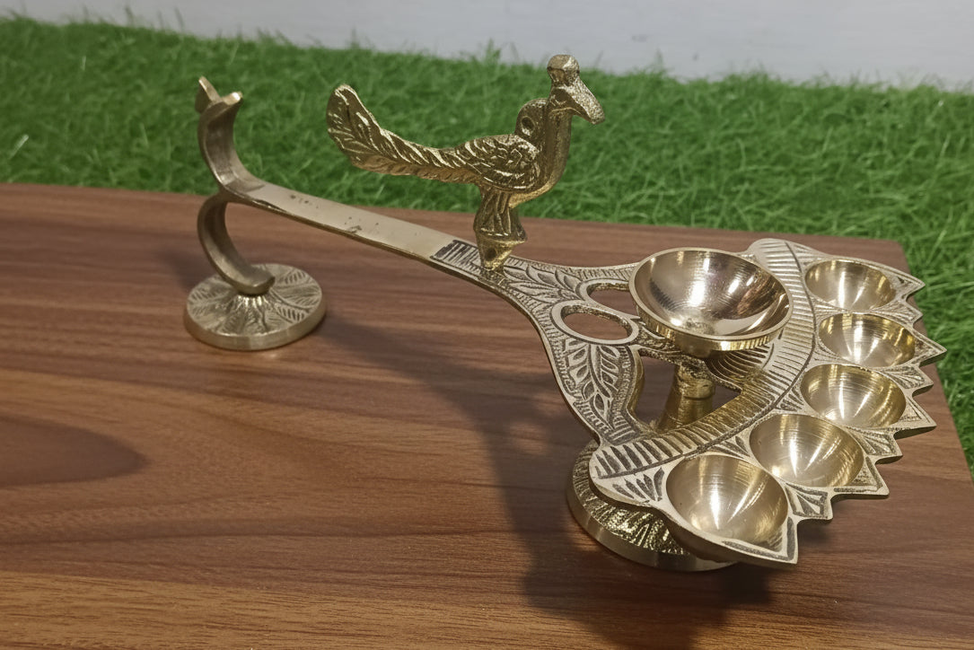 Brass Peacock Pancha Deepa Harathi – Traditional Ritual Lamp