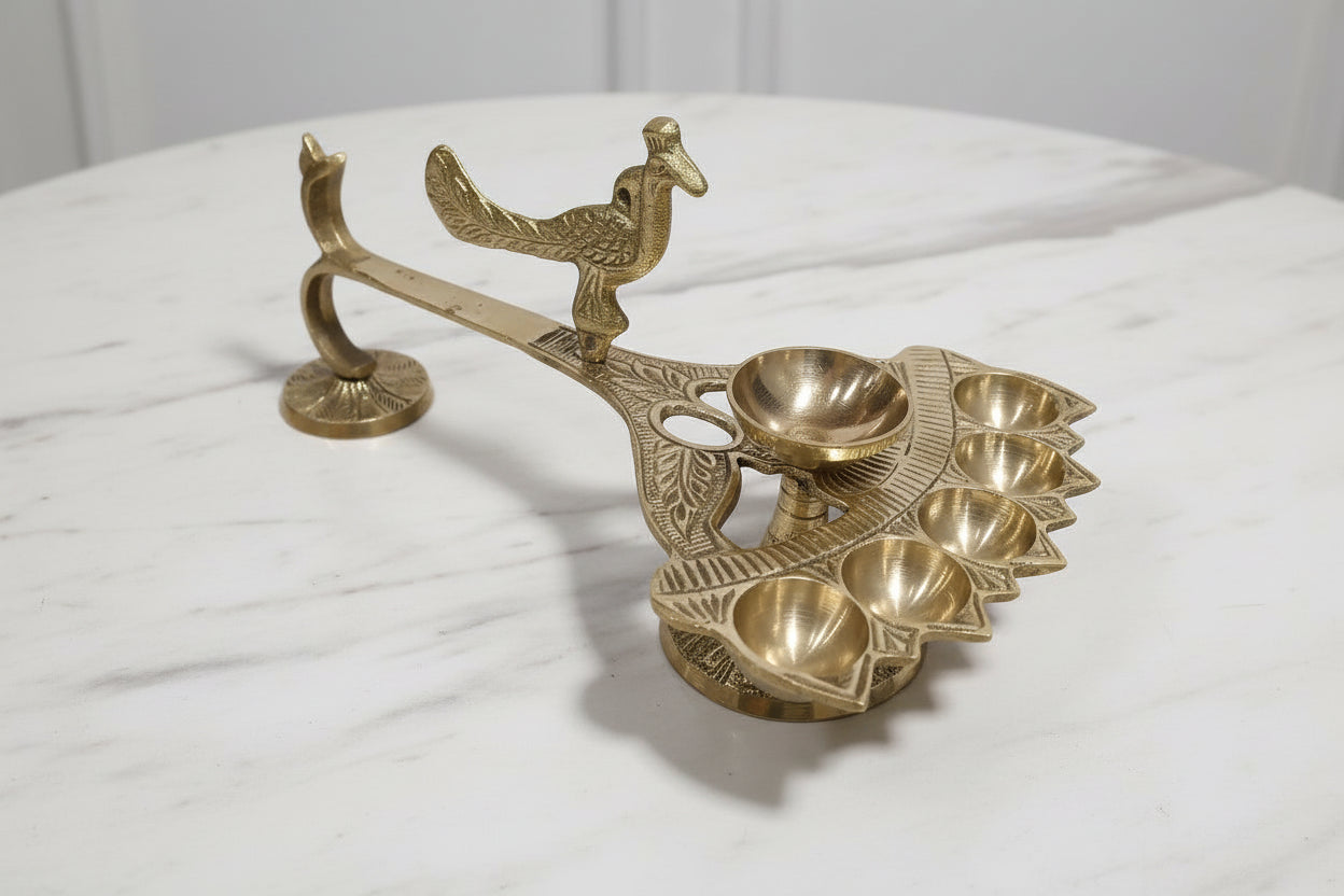 Brass Peacock Pancha Deepa Harathi – Traditional Ritual Lamp