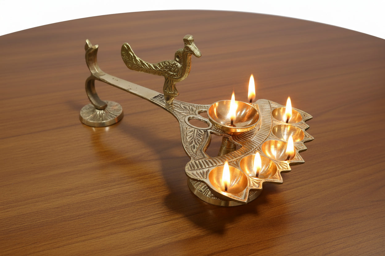 Brass Peacock Pancha Deepa Harathi – Traditional Ritual Lamp