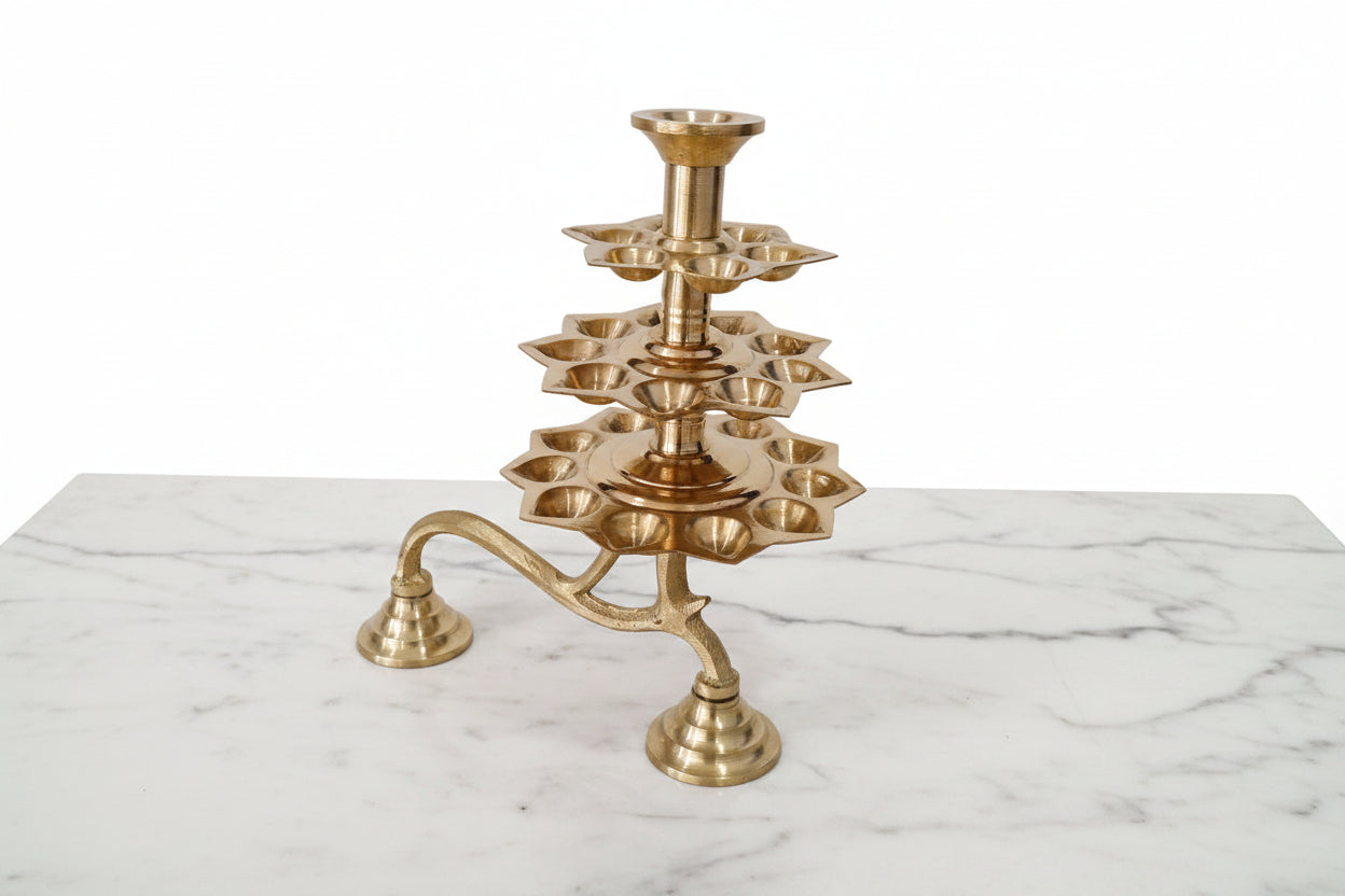 Brass 3-Step Harathi Lamp – 27 Deepa Traditional Ritual Stand