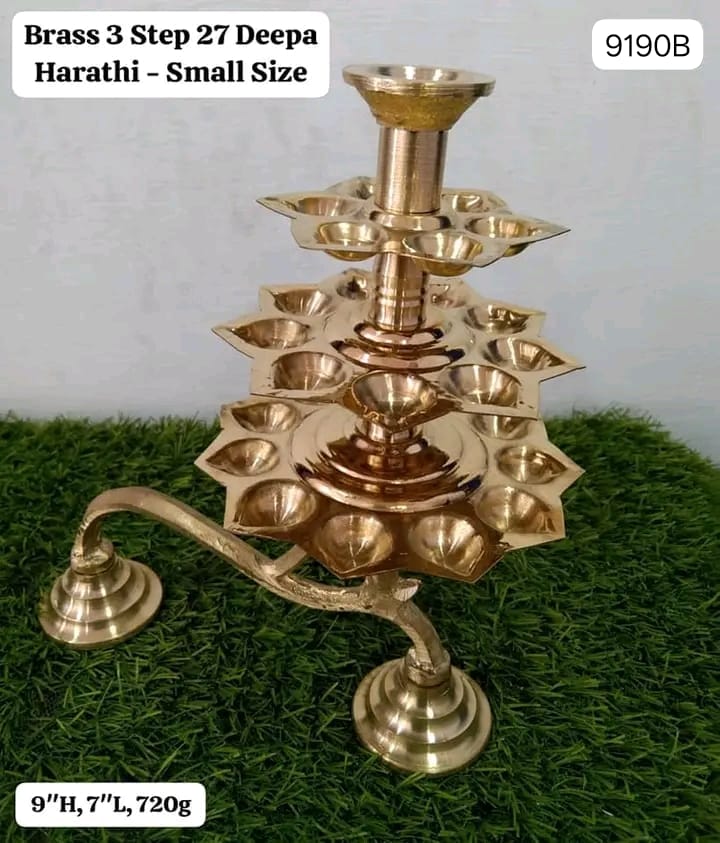 Brass 3-Step Harathi Lamp – 27 Deepa Traditional Ritual Stand