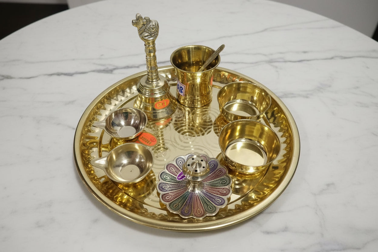brass pooja thali set – Traditional Housewarming Gift , 9  pieces set
