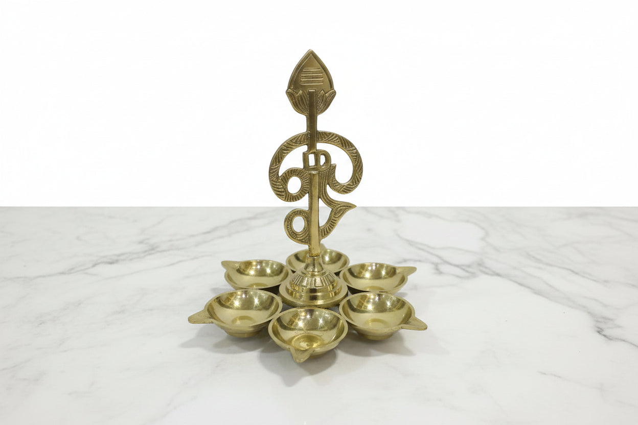 Brass Om Vel Shatkona Vilakku – 6 Diya Ritual Lamp