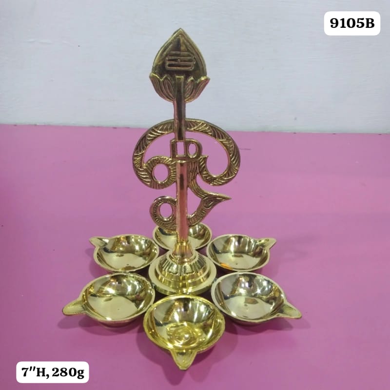 Brass Om Vel Shatkona Vilakku – 6 Diya Ritual Lamp