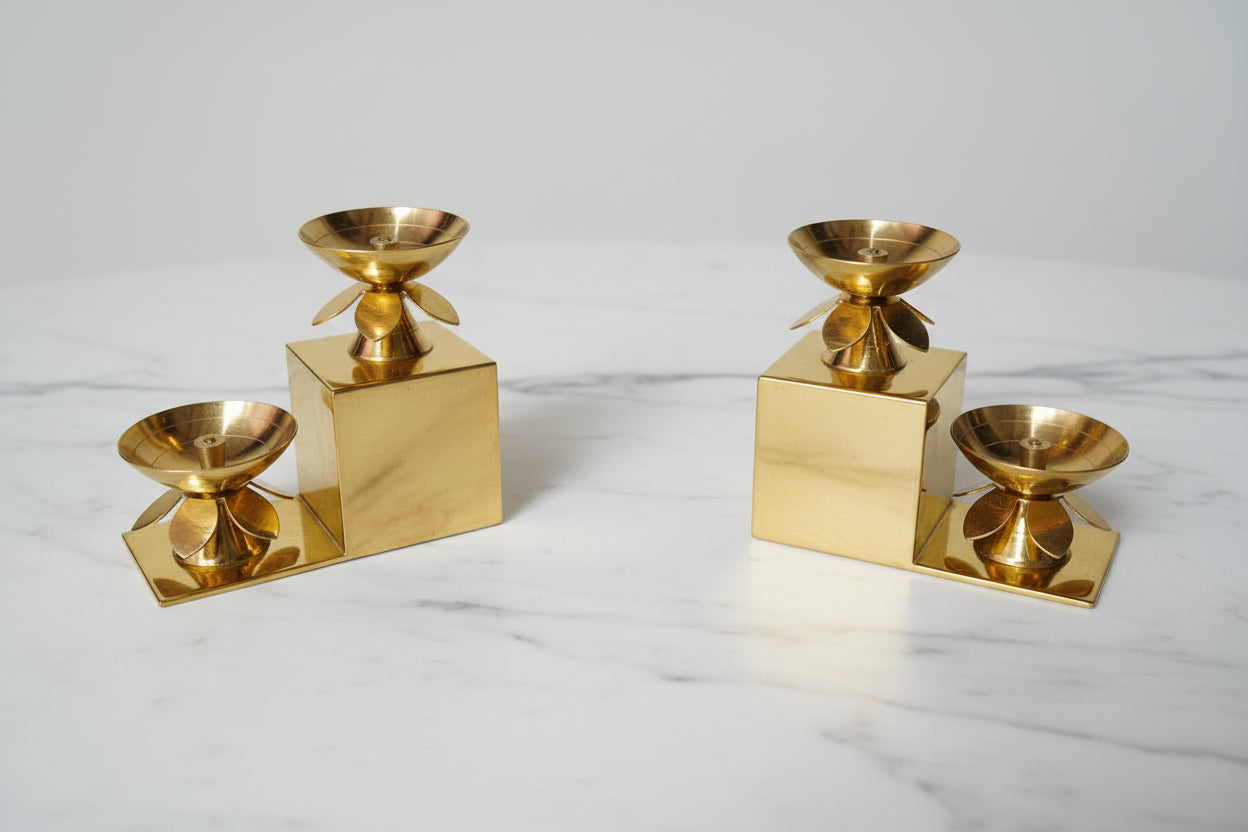 Brass 2-Step Diya Pair – Traditional Ritual Lamps