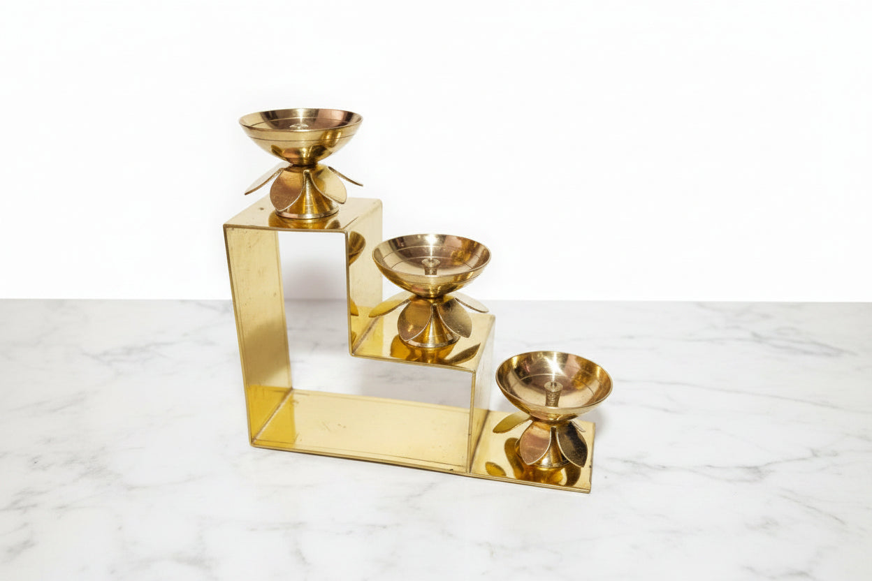 Brass 3-Step Diya Pair – Traditional Ritual Lamps