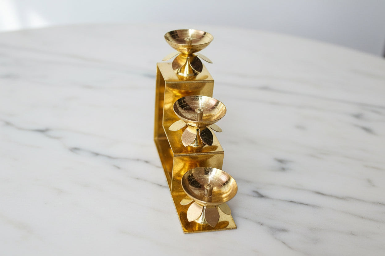 Brass 3-Step Diya Pair – Traditional Ritual Lamps