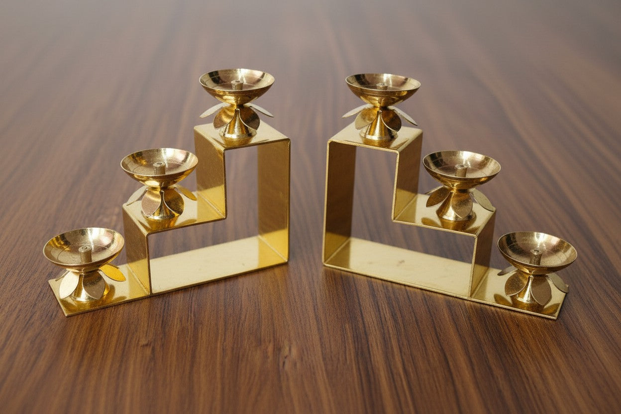 Brass 3-Step Diya Pair – Traditional Ritual Lamps