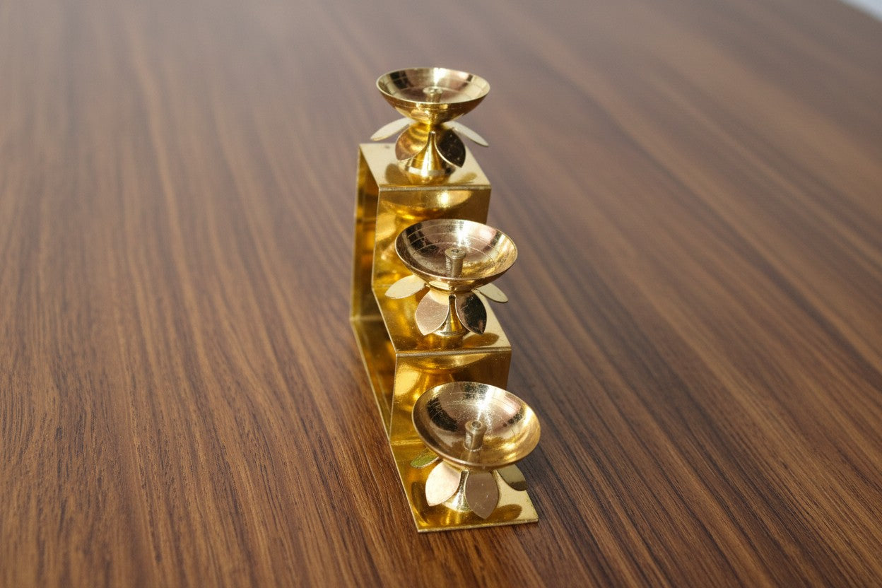Brass 3-Step Diya Pair – Traditional Ritual Lamps