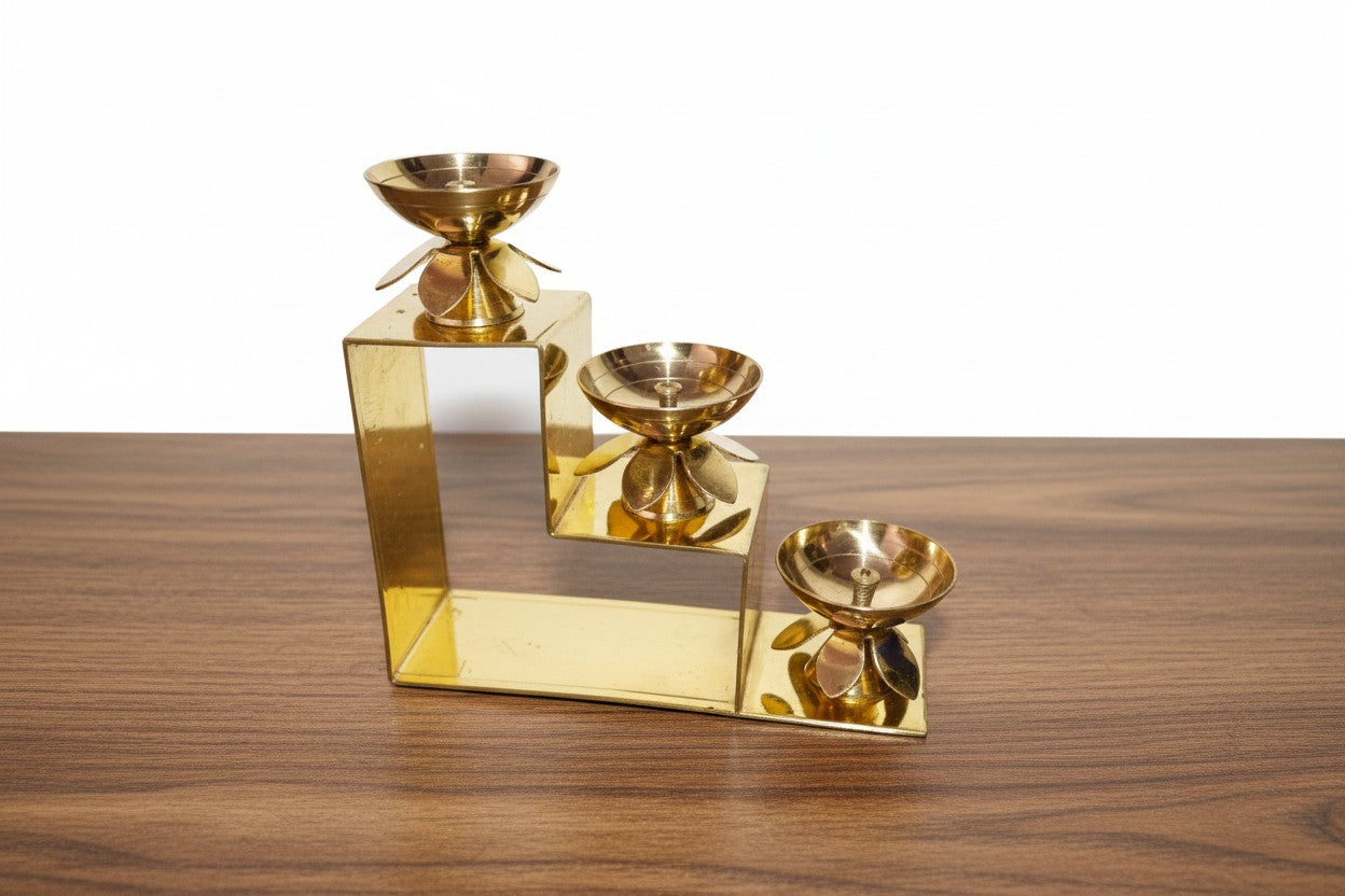 Brass 3-Step Diya Pair – Traditional Ritual Lamps
