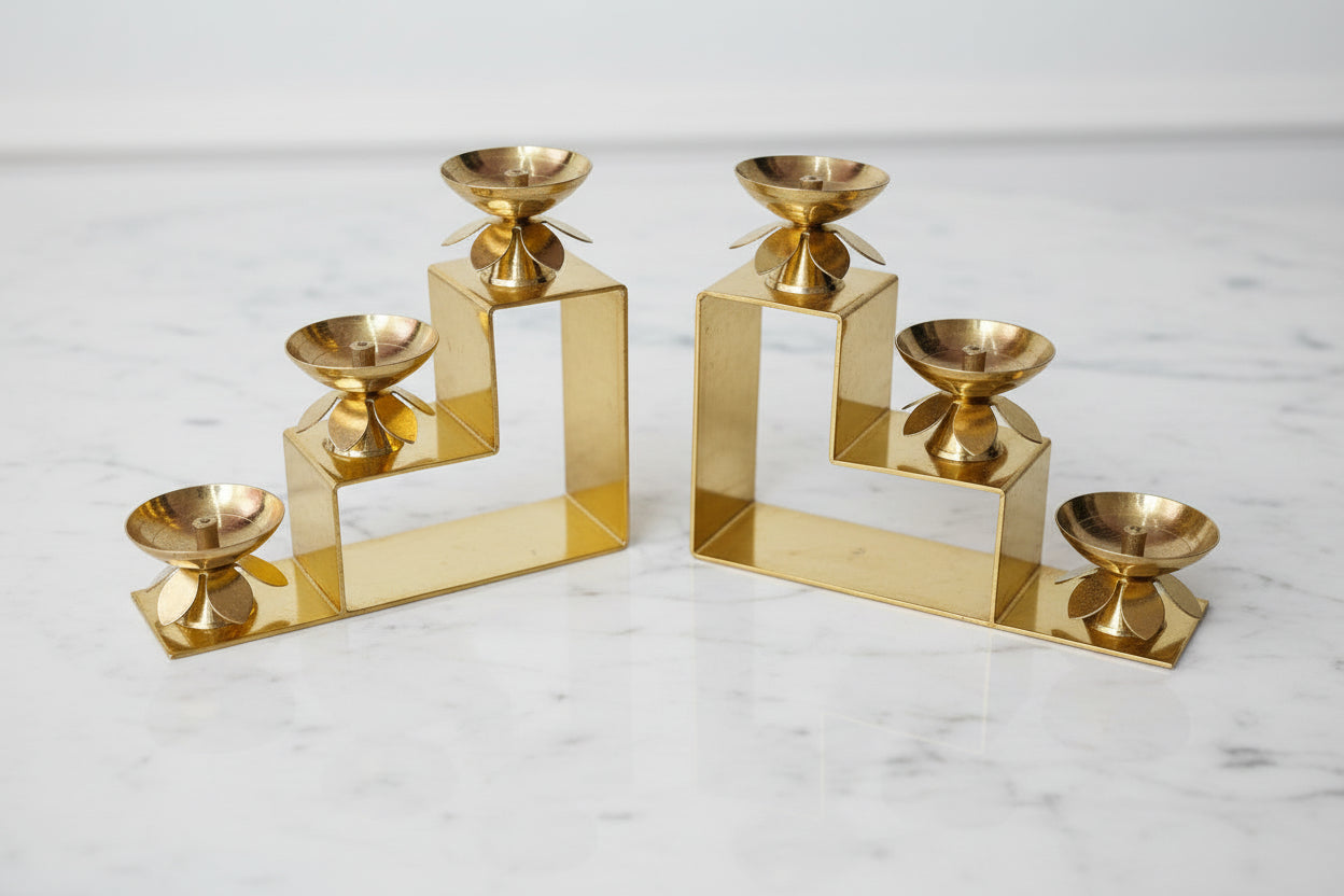 Brass 3-Step Diya Pair – Traditional Ritual Lamps