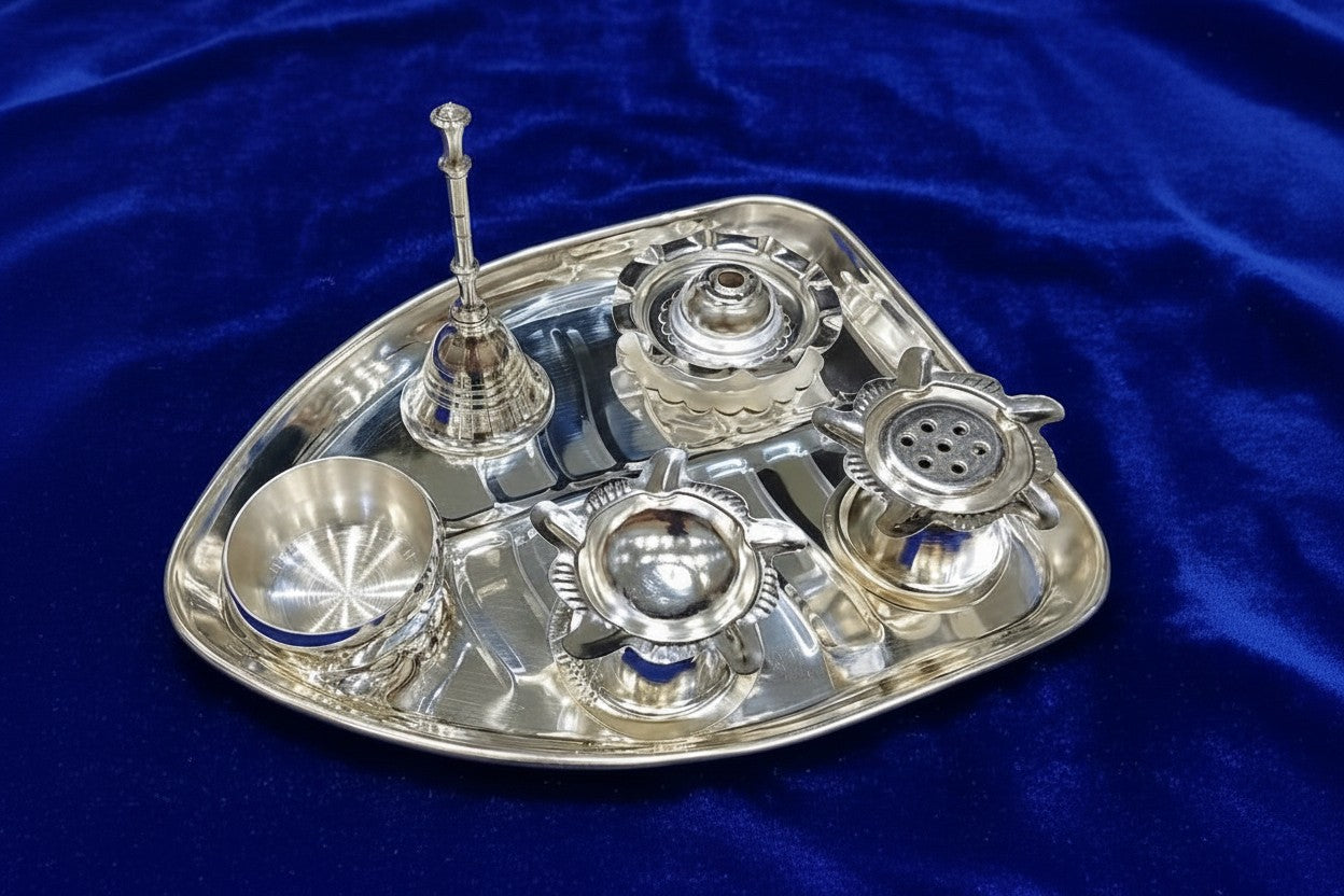 Elegant Silver Plated Pooja Thali Set – Traditional Indian Prayer Plate with Accessories