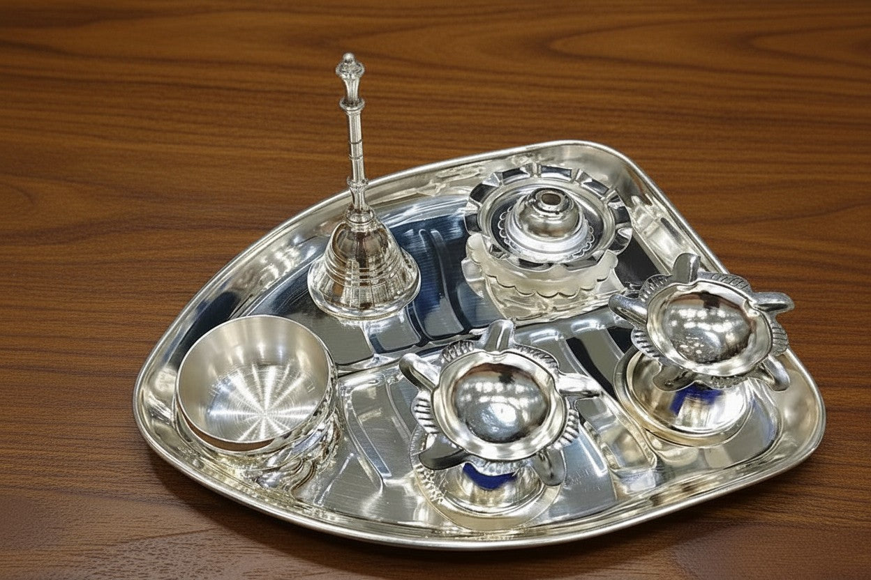 Elegant Silver Plated Pooja Thali Set – Traditional Indian Prayer Plate with Accessories