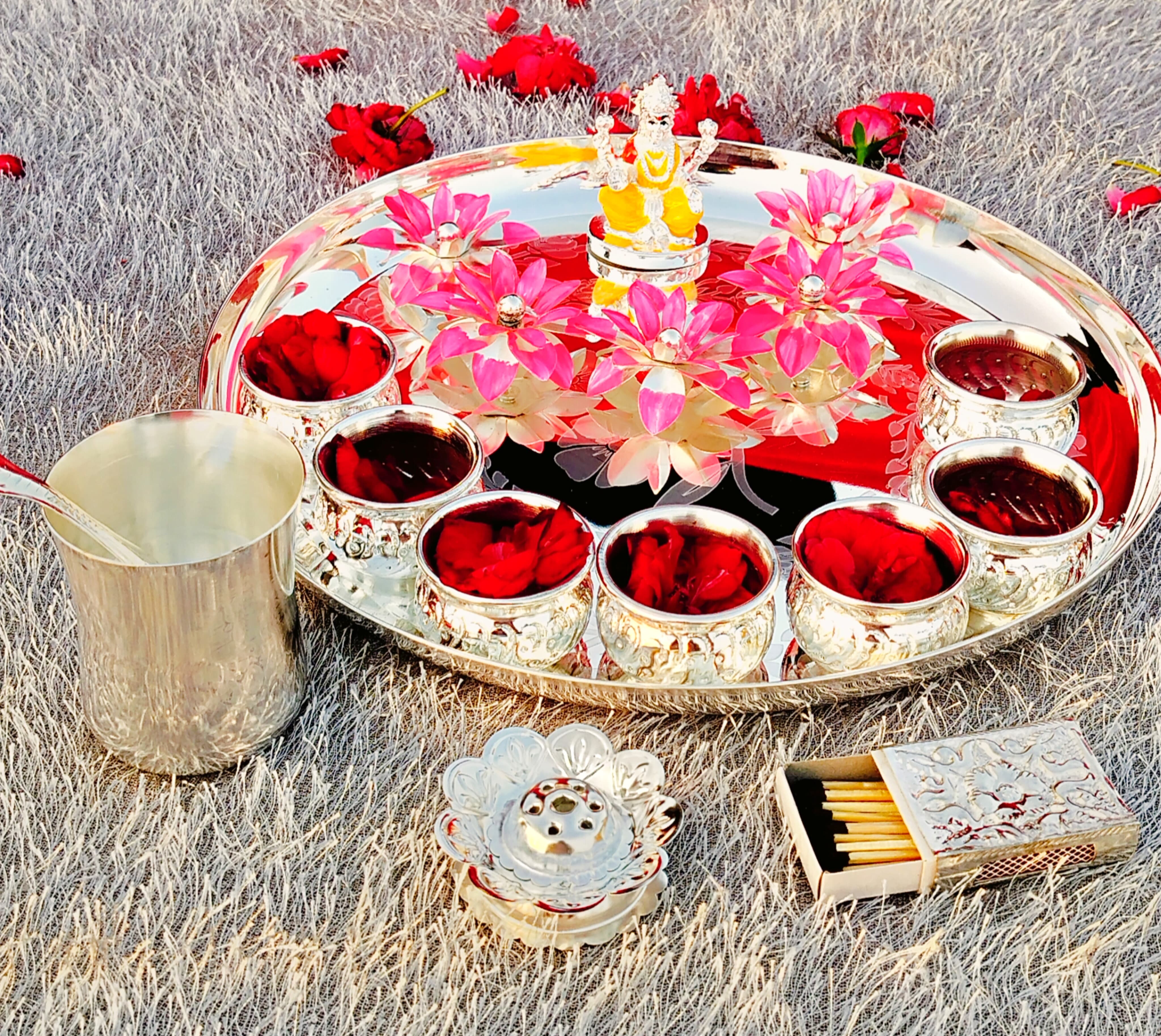 German silver pooja thali set with Lakshmi idol for Diwali pooja/housewarming pooja