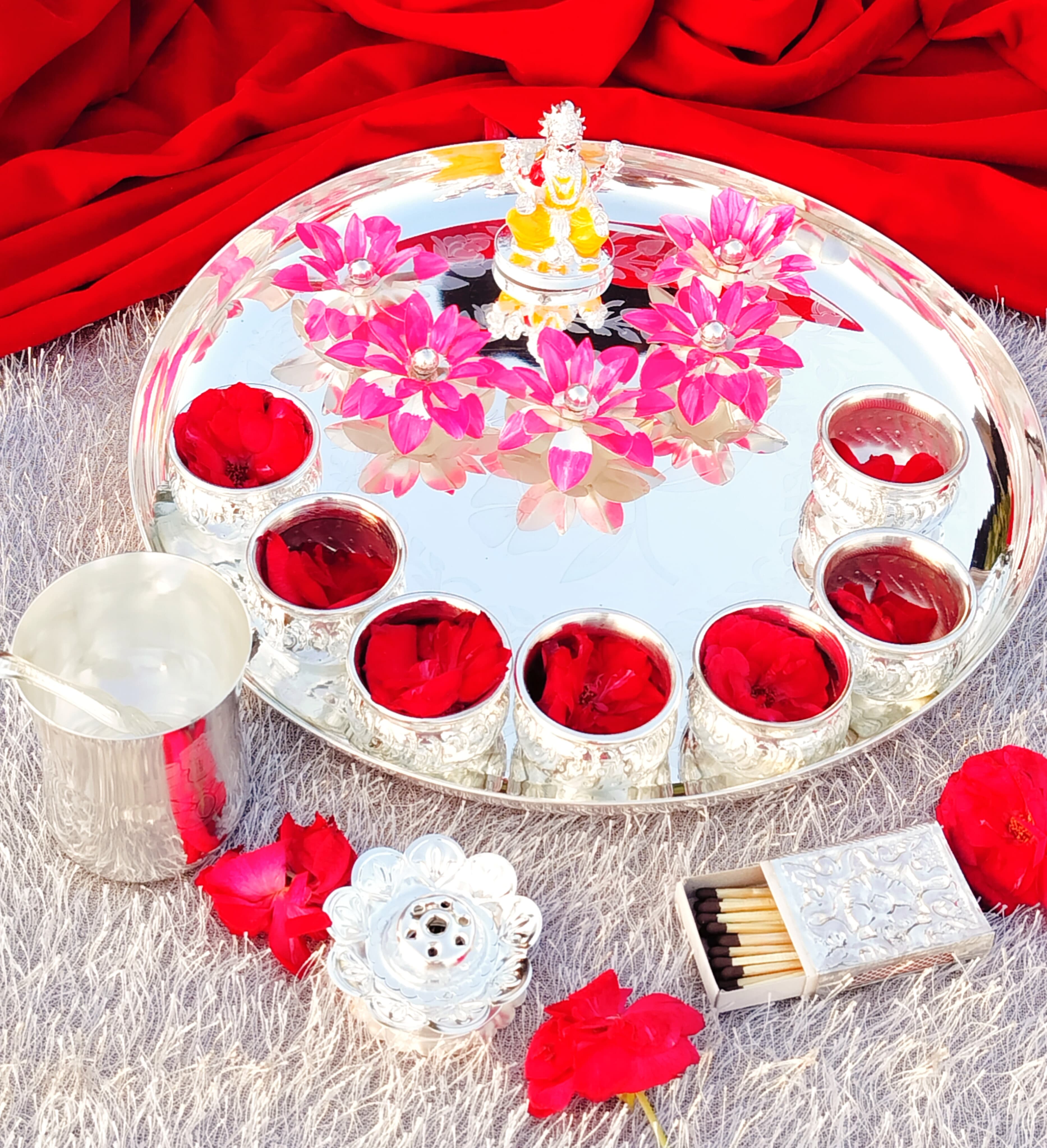 German silver pooja thali set with Lakshmi idol for Diwali pooja/housewarming pooja